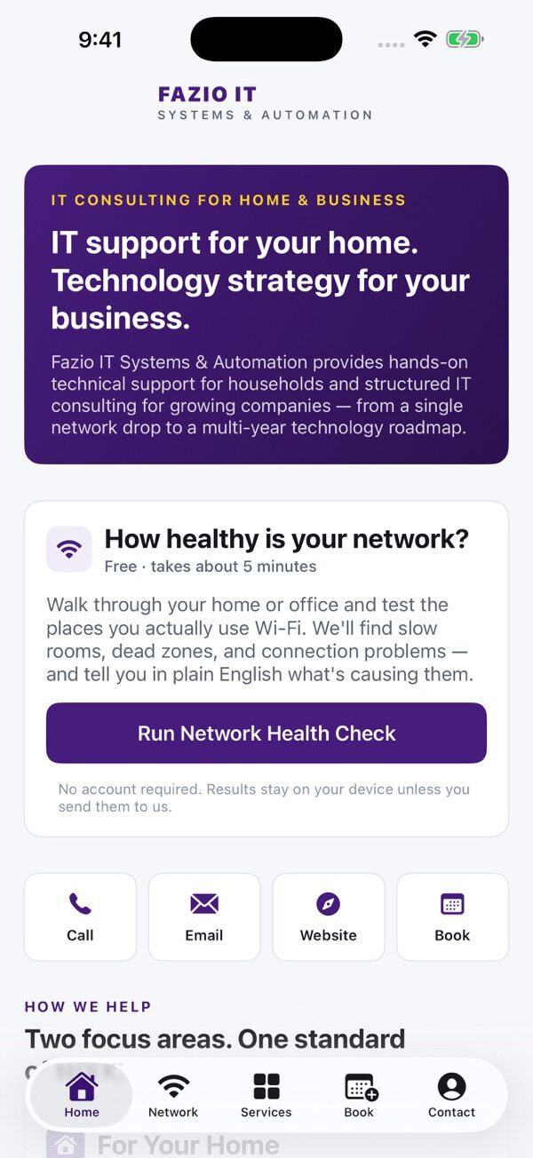 Fazio IT app home screen with a network health check and contact shortcuts