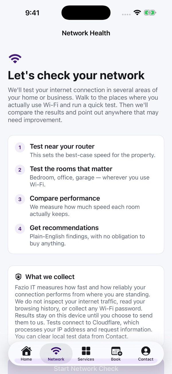 Network check screen explaining how to test near the router and in each room