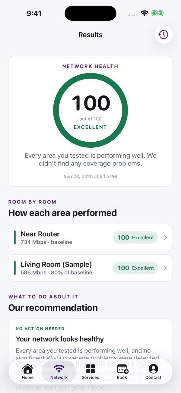 Results screen with a network health score of 100 and room-by-room speeds