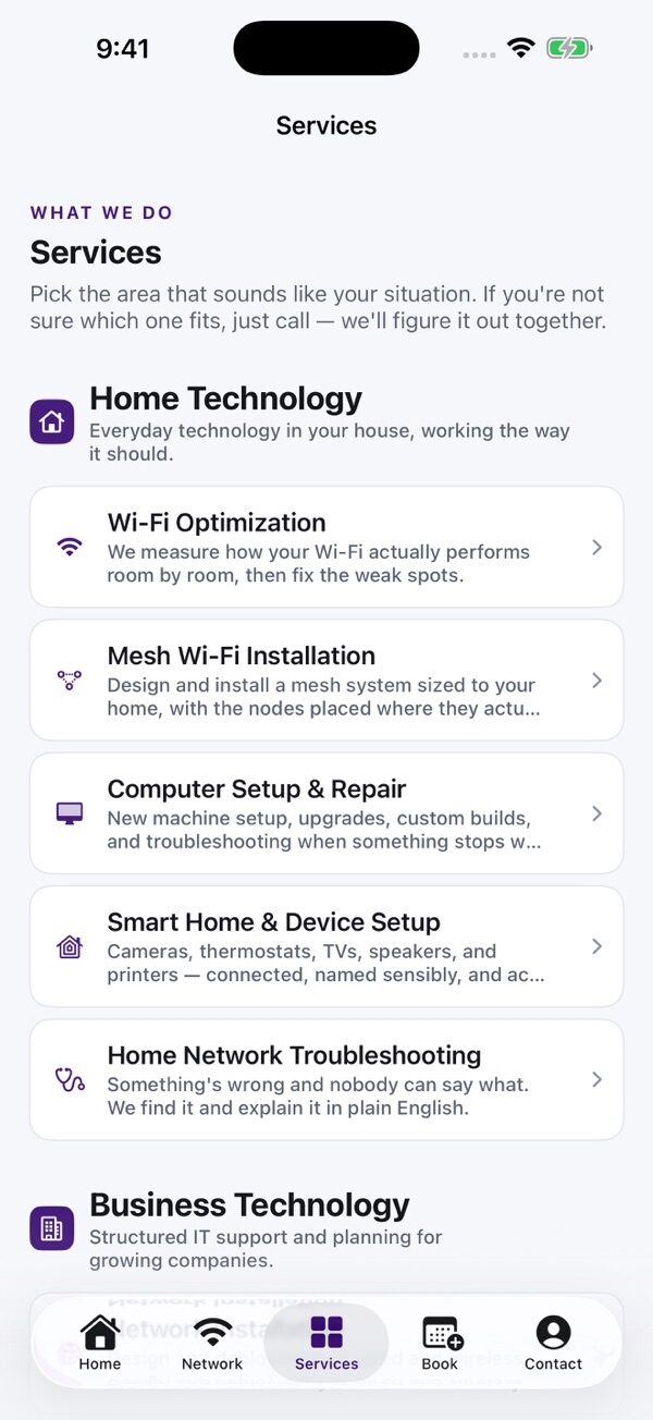 Services screen listing Wi-Fi optimization, mesh installation and computer repair