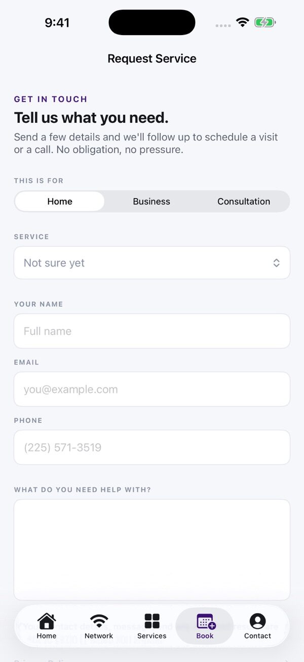 Request service form with home, business and consultation options